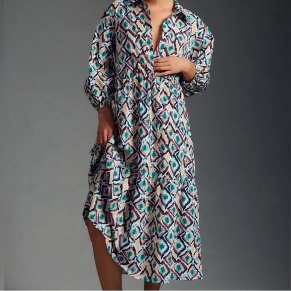 Anthropologie Maeve The Bettina Cotton Tiered Midi Shirt Dress Size XL - Picture 7 of 12